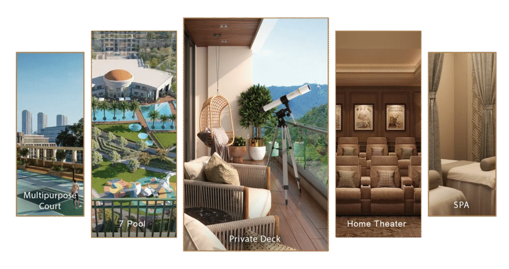 Luxury amenities collage of Nimbus The Arista Noida featuring multipurpose court, swimming pools, private deck, home theater, and spa